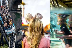Three images of a rollercoaster, a woman facing away from the camera wearing Minnie ears, and two children snorkelling