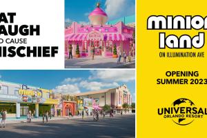 A collage of images of concept art including a street of restaurants and a bakery with a giant pink cupcake on top. The text reds "Eat, laugh and cause mischief. Minion Land opening Summer 2023"