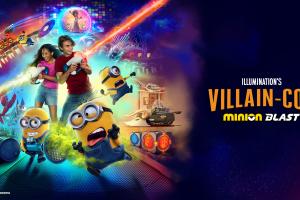 Two children using blasters to shoot imaginary lasers, surrounded by Minions