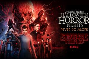 A pencil drawing of Stranger Things characters next to the Stranger Things and Halloween Horror Nights logos