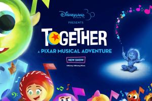 A drawing of Pixar characters as musical notes with a cartoon child conducting