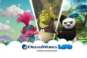 A banner featuring Shrek, Poppy from Trolls and Po from Kung Fu Panda above the words DreamWorks Land