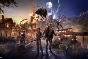 Concept art of Frankenstein's Monster, Dracula, The Wolf Man and a monster hunter in Dark Universe