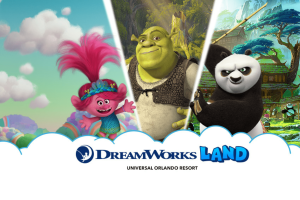 Trolls, Shrek and Kung Fu Panda above the logo for DreamWorks Land at Universal Orlando Resort