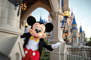 Mickey Mouse standing in front of Cinderella Castle with his arm outstretched