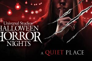 A girl standing with her finger over her lips behind claw marks, next to the words Universal Studios Halloween Horror Nights