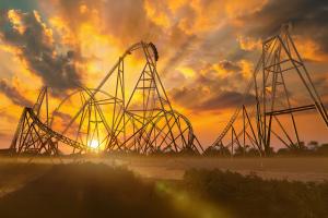 Hyperia, the UK's tallest and fastest rollercoaster, at sunset