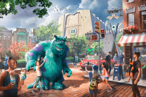 Concept art of Sulley walking through a new Monsters, Inc. themed land at Walt Disney World