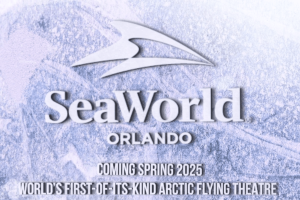 Icy background with snow flowing. There is the SeaWorld Orlando logo which is white and has a dolphin fin inside a larger orca fin. Under it says "Coming spring 2025 - world's first-of-its-kind arctic flying theatre"