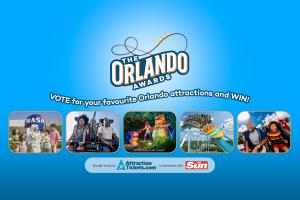 A blue banner with the Orlando Awards logo (small track coaster on top of the title) and 5 images of different attractions. From left to right, one with a family meeting an astronaut in front of the NASA globe sign, two girls screaming and their hair flying up on the VelociCoaster, Tiana animatronic surrounded by animals including a giant gator animatronic, people stood up on a orange and turquoise surfboard themed coaster in SeaWorld and two people sat on a red rollercoaster.