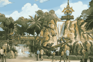 Art work depicting a new land coming themed on jungles.  There's a waterfall with a drop tower ride behind which has a colourful animal head on top. There are logs with colourful sculptures of animals on around the land and there is a sign which says Wild Oasis on it.