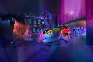 Two rows of guests sat in ride vehicle shaped like futuristic car in a dark building. They're wearing 3D goggles and in the background the wall has many test tubes lined up with green substances in them.