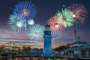 The iconic blue lighthouse at the front of the park with fireworks of many different colours exploding in the background above the silhouette of a ride,