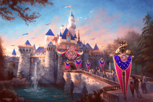 Concept art of the pink ad blue castle decorated with bright pink and blue decorations to match and a huge medallion in the centre with 70 on.