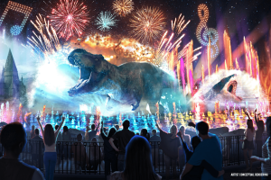 Artist concept of show full of drones in the sky creating movie scenes, large projection of t-rex and jaws, fireworks going off beside Hogwarts castle and fountains shooting from lake.