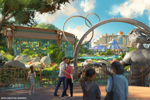 Artist concept art of entrance with people walking beside a lake with a stone statue of woman and in the background there is a space themed hotel.