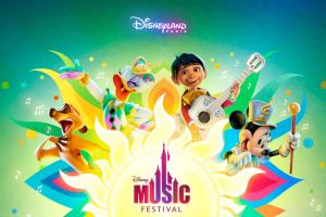 Logo for Disney Music Festival at Disneyland Paris, including Miguel from Coco playing a guitar, minnie mouse in marching band attire and Timone from the lion king singing.