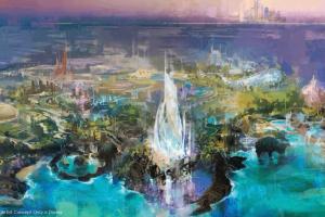 Concept art of Disney park coming to Yas Island including lots of trees, lakes and large structures that aren't very clear.