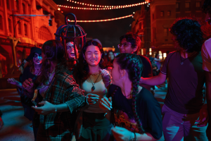 A group of friends being scared at a Halloween event