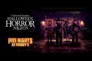 A banner reading Halloween Horror Nights Five Nights at Freddy's next to an image of the animatronics from the film