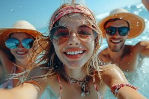 A close-up selfie of three smiling friends wearing sunglasses and summer hats splashing in bright blue water.