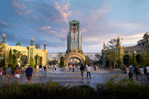 Clock tower and archway at Celestial Park, the central hub of Universal's Epic Universe.