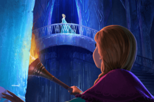 Anna holding a torch inside an icy palace, looking up at Elsa standing on a high balcony under blue lighting