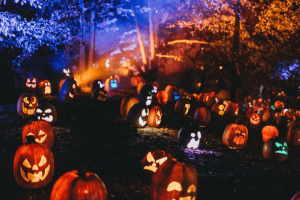 Dozens of carved, glowing jack-o'-lanterns illuminated on a hillside at night