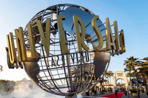 The iconic Universal Studios revolving globe monument at the theme park's entrance plaza