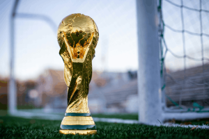 World Cup trophy on a football pitch