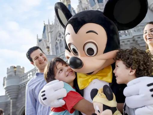 Mickey with family in front of castle at Magic Kingdom