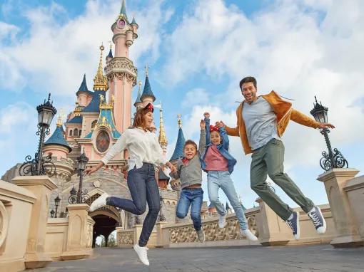 Family in front of Sleeping Beauty Castle at Disneyland Paris