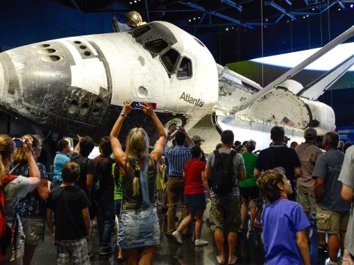 Crowd in front of Space Shuttle Atlantis at Kennedy Space Center