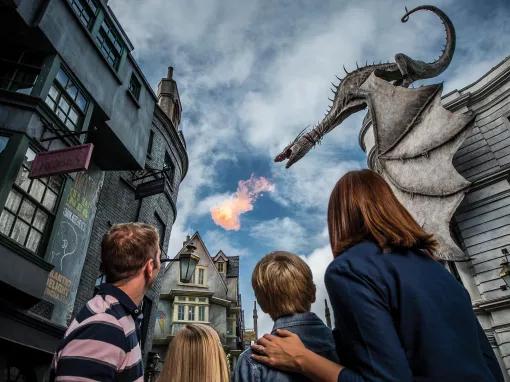 Family in front of Gringotts Bank, Diagon Alley at Universal Studios Florida