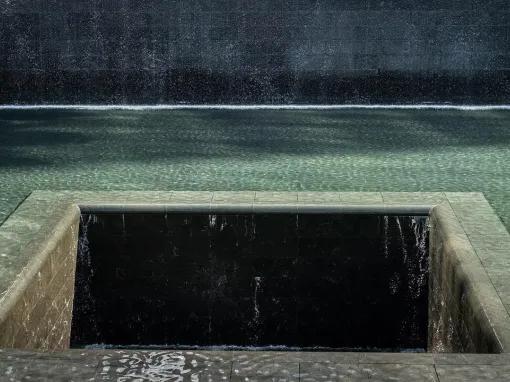 Manmade waterfall set within the footprint of the Twin Towers outside the 9/11 Memorial Museum