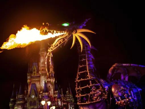 Fire-breathing dragon at Disney After Hours Boo Bash at Magic Kingdom Park