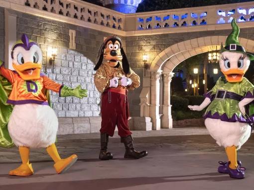 Donald, Daisy and Goofy in full Halloween dress at Disney After Hours Boo Bash at Magic Kingdom Park