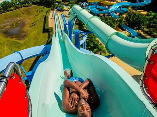 Man riding a water slide at LEGOLAND Florida Water Park