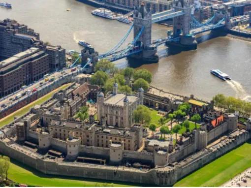 Birds Eye view of the Tower of London and Tower Bridge