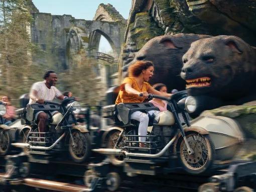 Guests riding Hagrid's Magical Creatures Motorbike Adventure at Universal's Islands of Adventure