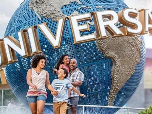 Family in front of the Universal Globe at Universal Orlando Resort