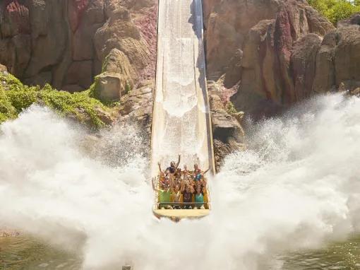 Final drop of Tutuki Splash at PortAventura theme park