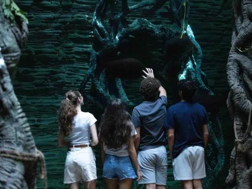 Guests exploring the dark side of the rainforest at The Green Planet™ Dubai