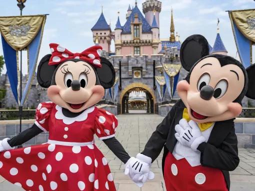 Mickey and Minnie in front of Sleeping Beauty Castle, Disneyland Park in California
