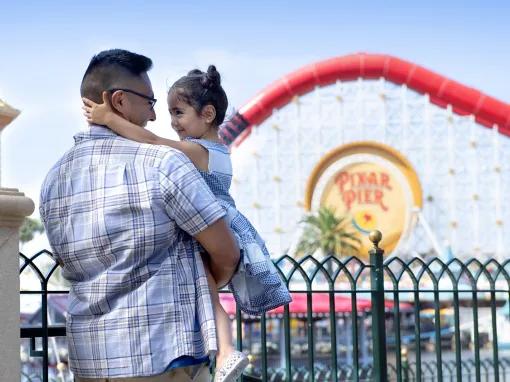 Guests in front of Pixar Pier, Disney California Adventure