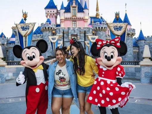 Guests with Mickey and Minnie at Disneyland California