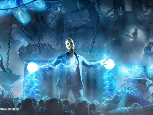 Concept art of a Universal Monsters themed ride including Frankenstein's Monster and Dracula