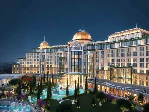 Park side exterior of Universal Helios Grand Hotel at night