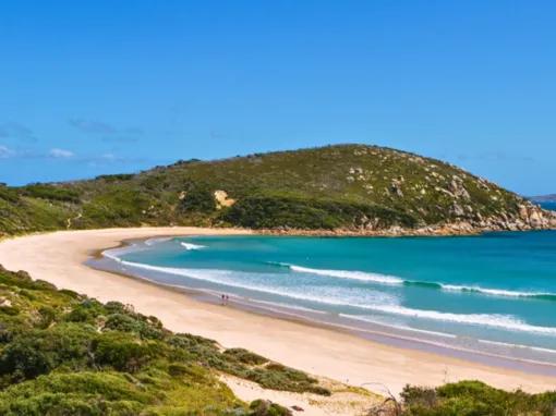 Stunning panoramic view from a lookout at Wilsons Promontory, showcasing the coastline and the ocean.