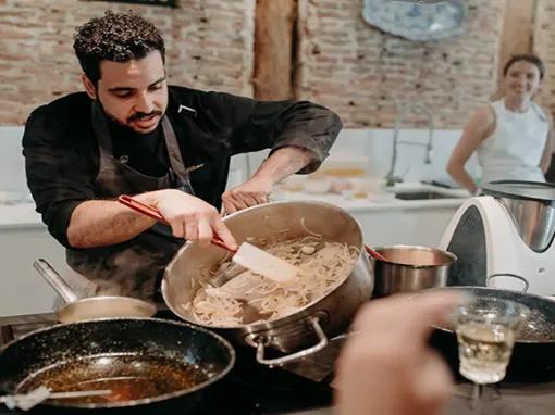 Watching a cooking demonstration